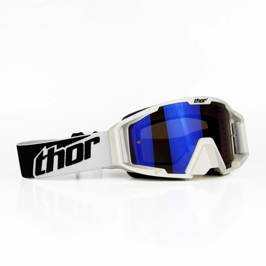 Masque MX Enduro — Blanc / verre miroir bleu